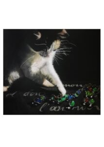 Colored pencil drawing of a kitty playing with marbles, art by Meelena Spikes.