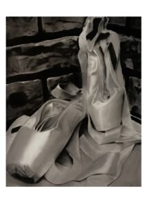 Charcoal drawing of pointe ballet shoes, art by Meelena Spikes.