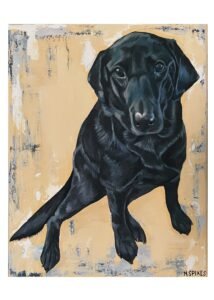 Acrylic painting of a black lab, art by Meelena Spikes