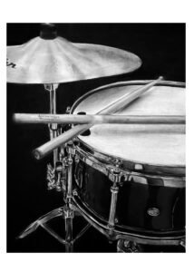 Charcoal drawing of a snare drum, art by Meelena Spikes.
