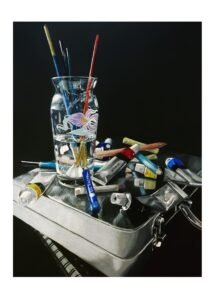 Colored pencil drawing of art supplies in the studio, art by Meelena Spikes.